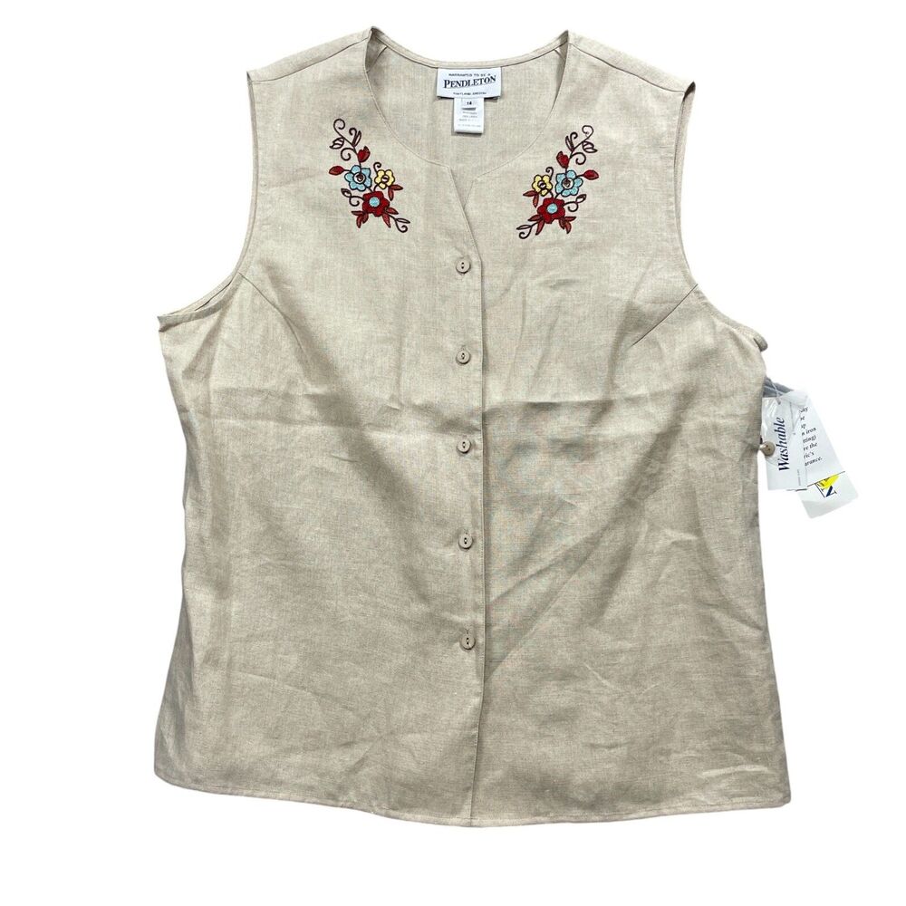 Pendleton Vest 14 New w/Tags Spice‎ Island Sleeveless Embroidered Flowers Linen